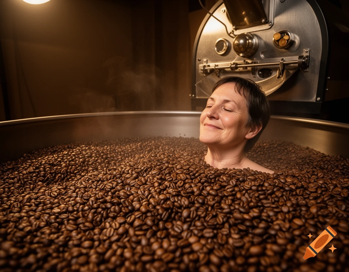 A smiling woman relaxes with closed eyes, submerged in steaming roasted coffee beans in a large bin, with a coffee roasting machine behind her.