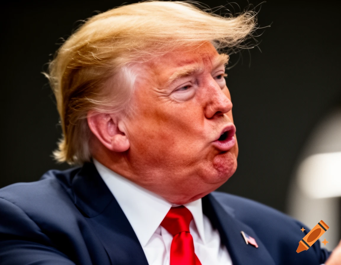 A close-up, photorealistic shot of Donald Trump, looking right with his mouth open, wearing a suit and red tie.