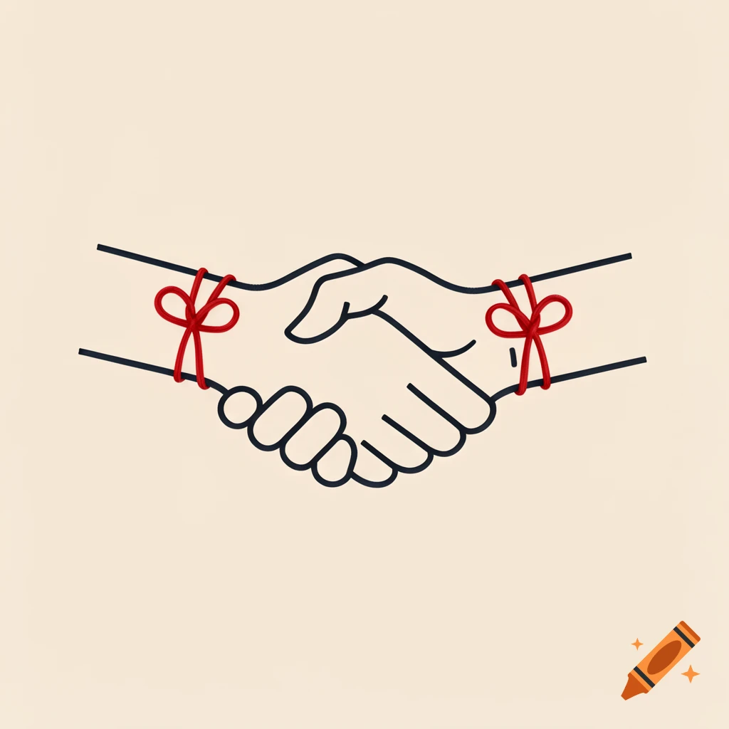 Minimalist 2D drawing of two hands shaking, with red strings tied around their wrists connecting them.