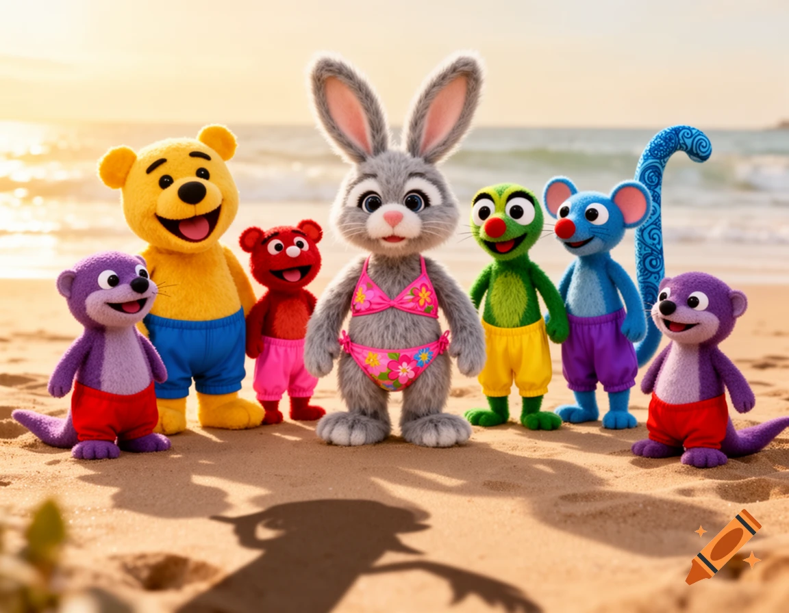 Muppet-like animal characters, including a bunny in a pink bikini, posing on a sandy beach with a sunset backdrop.