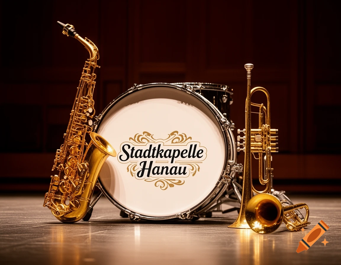 A gold alto saxophone, a bass drum with the 'Stadtkapelle Hanau' logo, and a gold trumpet rest on a dark stage floor.
