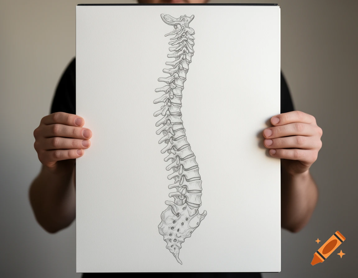 A person holds a white drawing pad with a detailed illustration of a human spine.