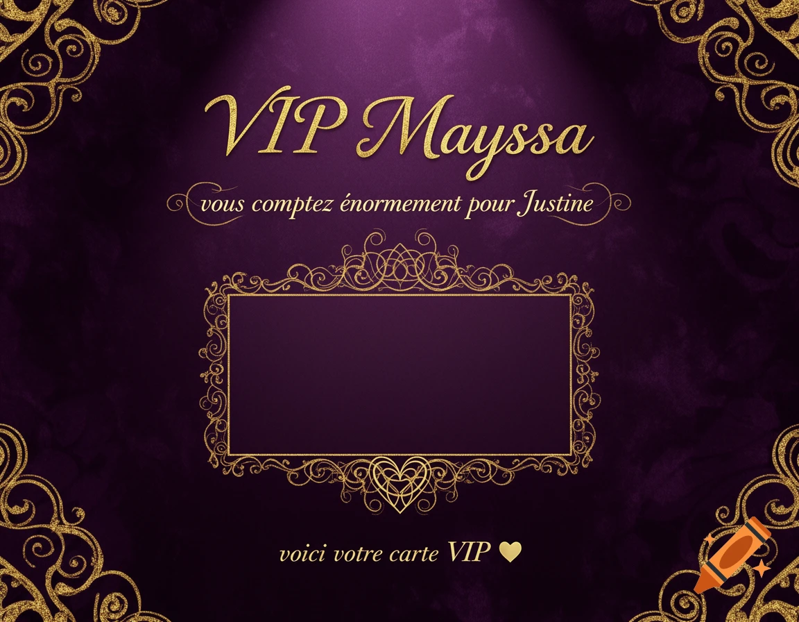 An elegant purple VIP card with golden ornate borders, featuring French text and a rectangular frame for a photo.