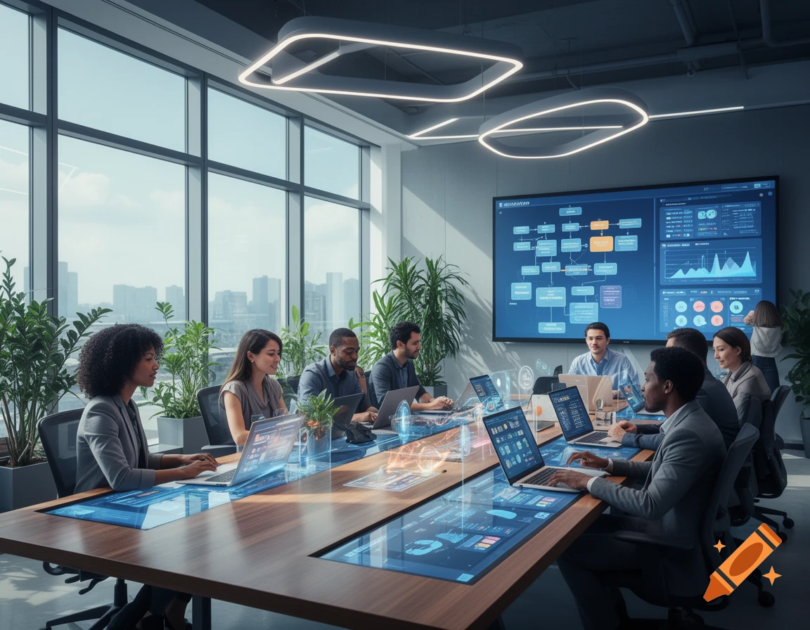A diverse group of professionals collaborating in a modern conference room with large screens displaying data and interactive holographic interfaces on the table.