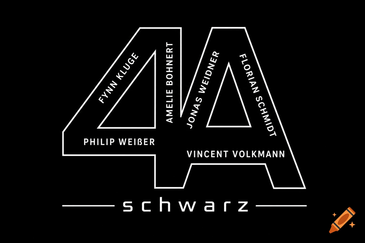 White outline of a stylized '4A' with names like Fynn Kluge and Philip Weißer integrated, and the word 'schwarz' below, on a black background.