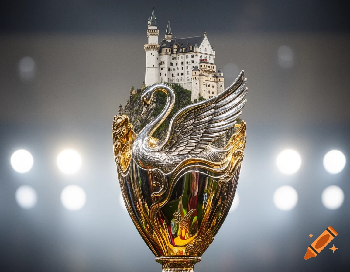 A grand gold and silver trophy features a swan figure and Neuschwanstein Castle on a rocky cliff, set against blurred stadium lights.