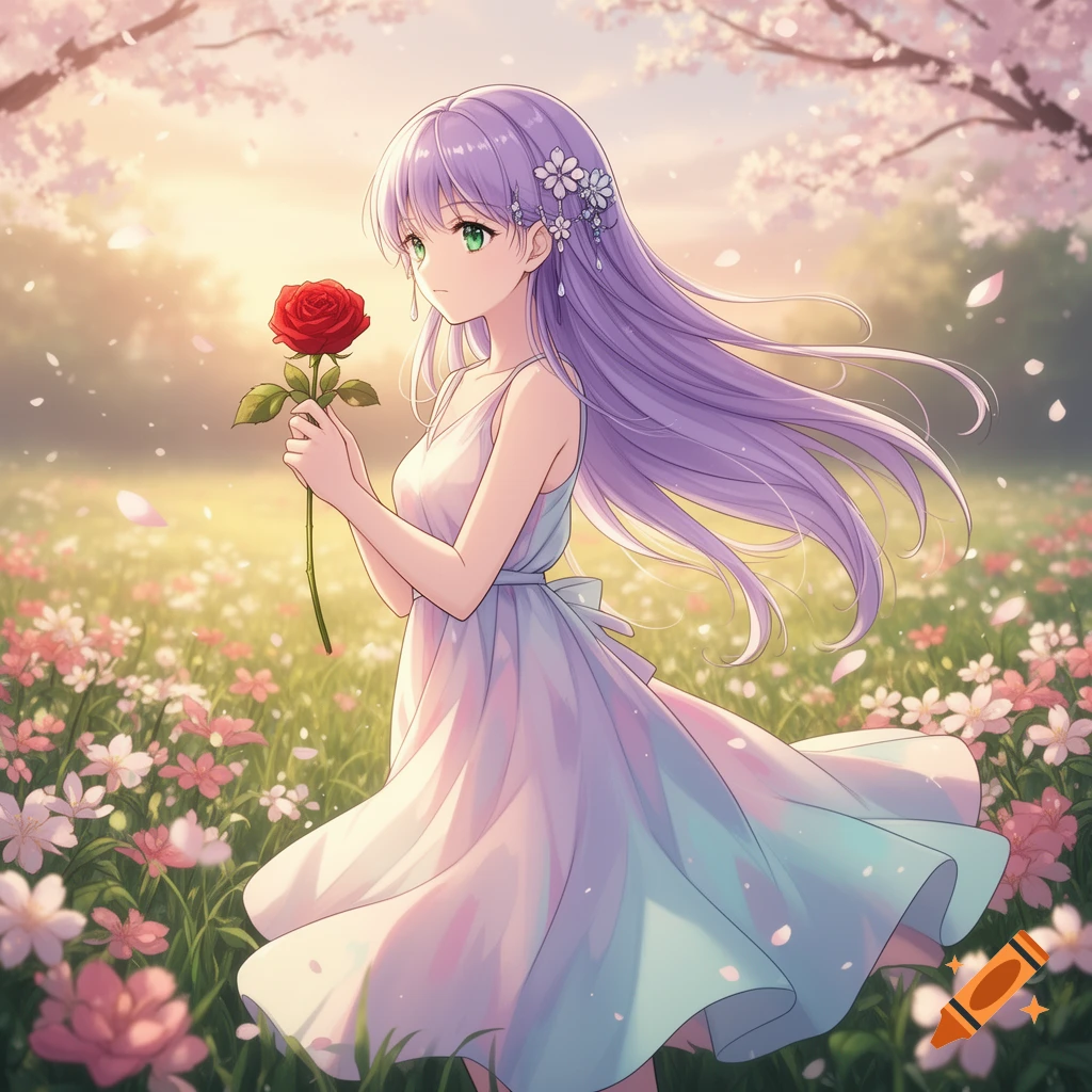 An anime girl with long purple hair and a white dress stands in a field of pink and white flowers, holding a single red rose.