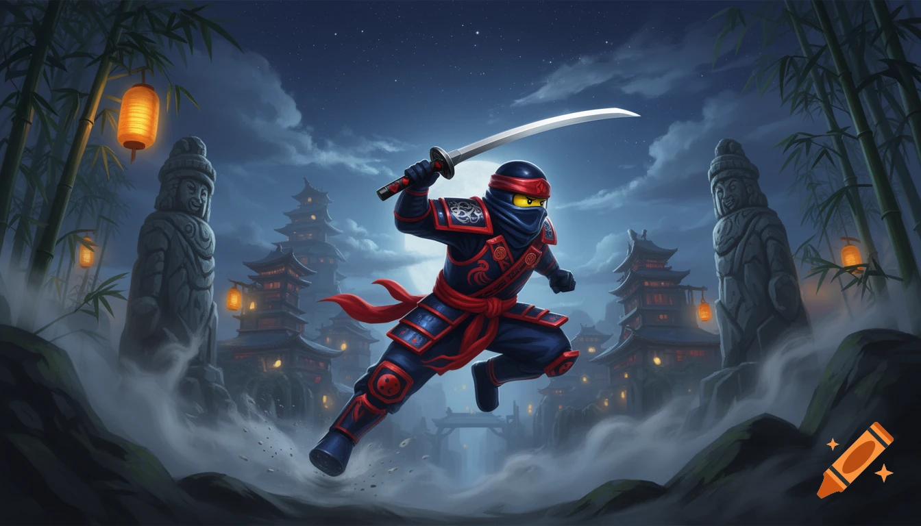 A stylized illustration of a blue and red Lego-style ninja leaping with a sword in a misty Japanese temple town at night with bamboo.