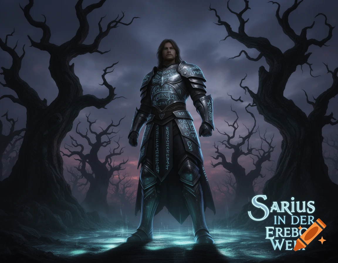 A fantasy warrior in dark, glowing armor stands in a spooky forest with bare trees, with 'Sarius IN DER EREBOS WELT' text.
