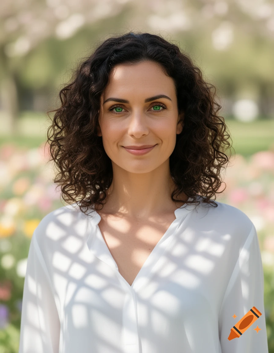 Photorealistic portrait of a woman with dark curly hair and bright green eyes, smiling slightly in a sunny park with soft background bokeh.