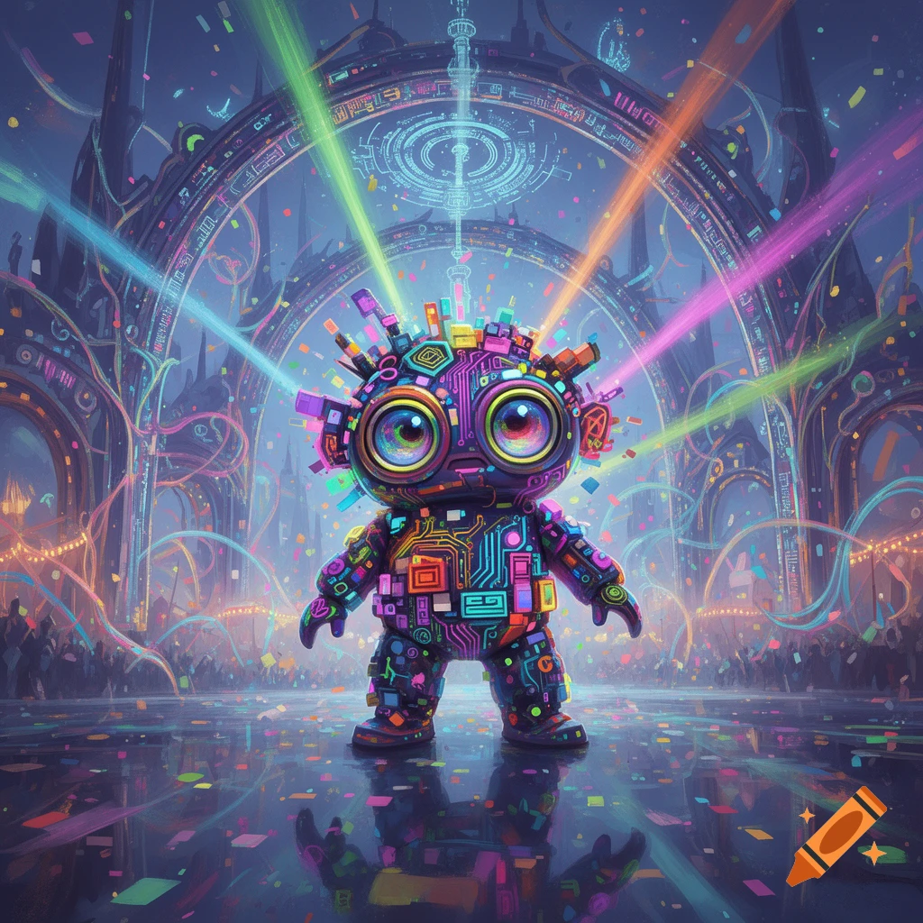 A vibrant, wide-eyed robot made of colorful circuit boards stands on a reflective floor with confetti, neon lights, and a futuristic archway.