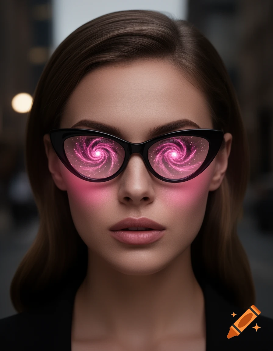 Close-up portrait of a woman wearing black cat-eye glasses with glowing pink spirals in the lenses.