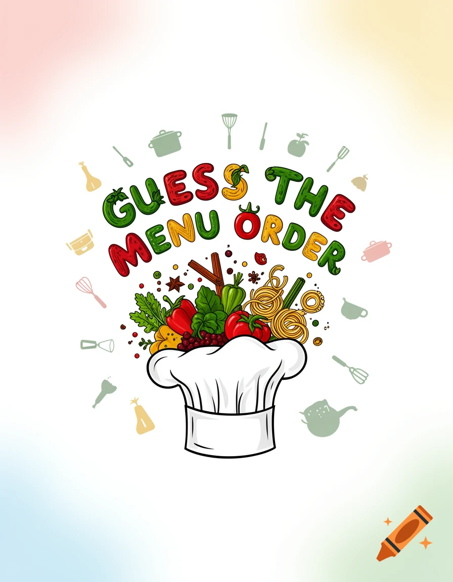 A stylized illustration of a chef's hat overflowing with vegetables and pasta, with the text 'GUESS THE MENU ORDER'.