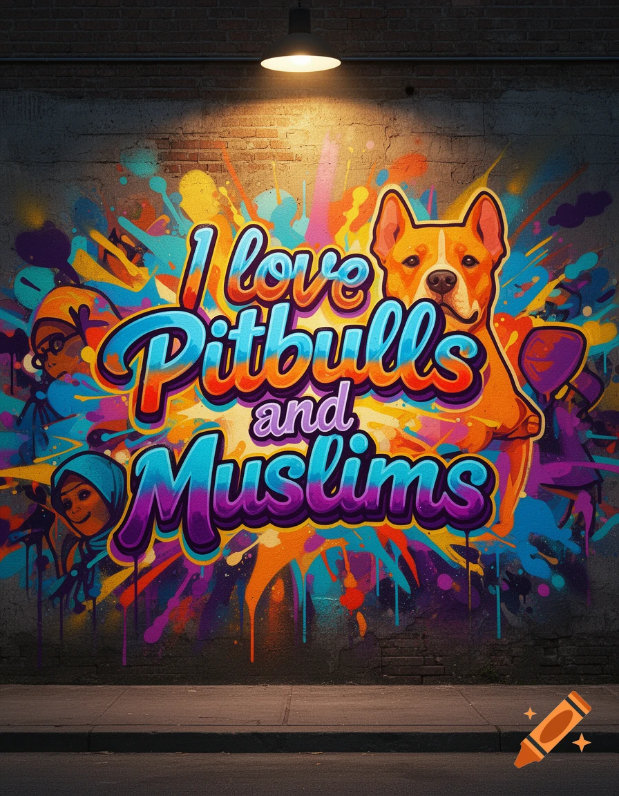 Colorful street art mural on a brick wall reading 'I love Pitbulls and Muslims,' featuring a pitbull dog and stylized figures.