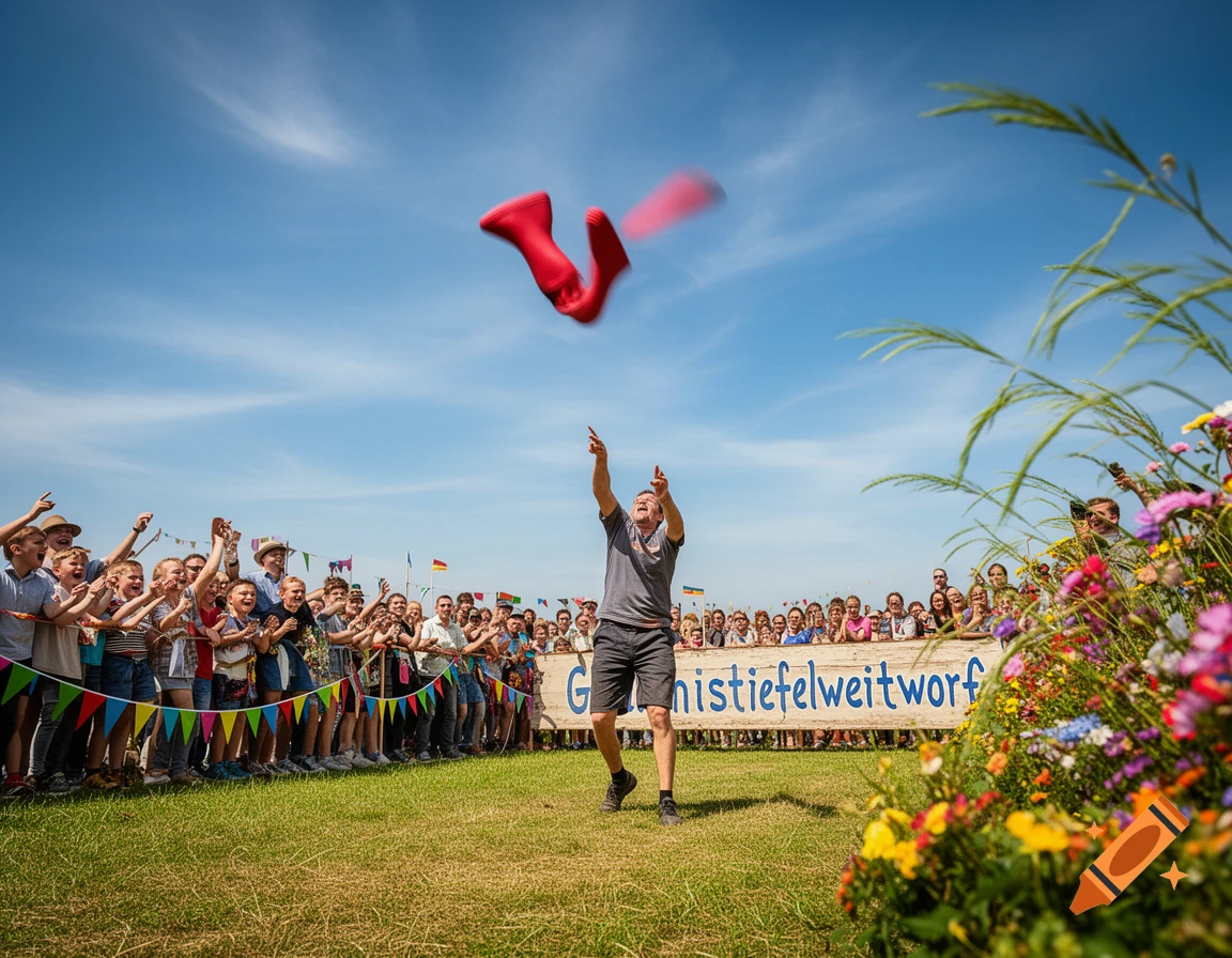 Man throws a red rubber boot high in the air at an outdoor sports festival with a cheering crowd under a blue sky.