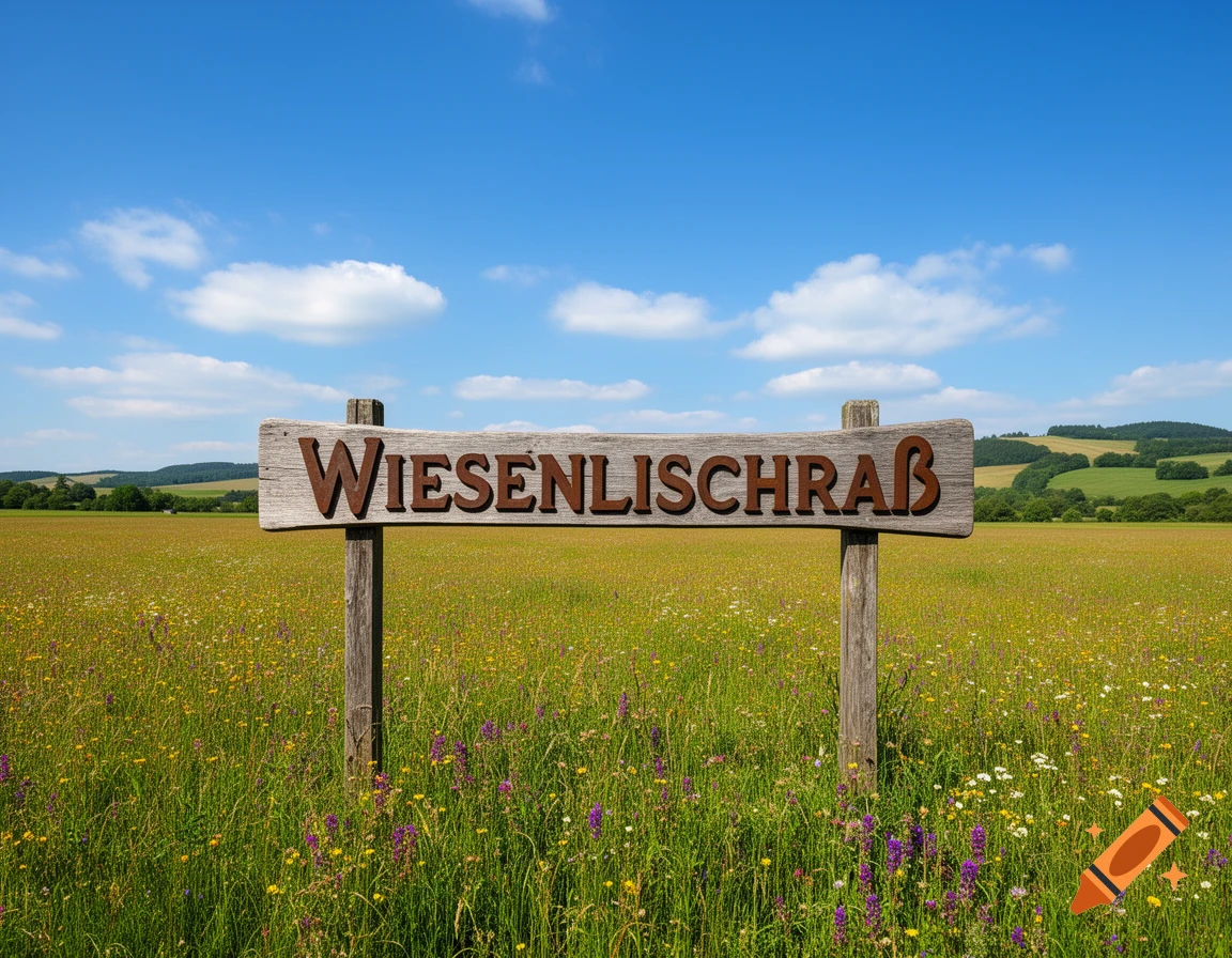 A wooden sign displaying "WIESENLISCHRAẞ" stands in a vibrant green meadow filled with yellow and purple wildflowers under a blue sky.