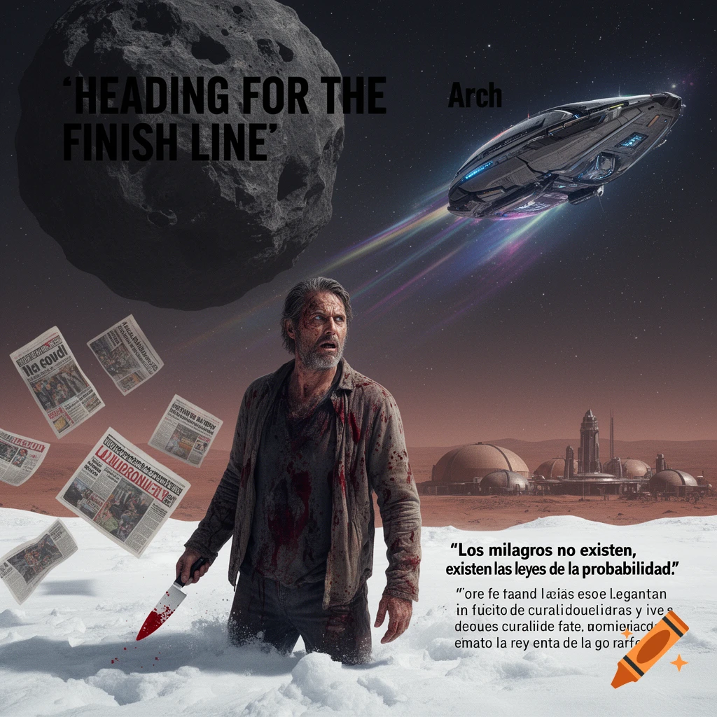 A man covered in blood, holding a bloody knife, stands in white snow on Mars. A spaceship flies past a giant asteroid in the dark sky, with a futuristic base in the distance. Text captions are present.