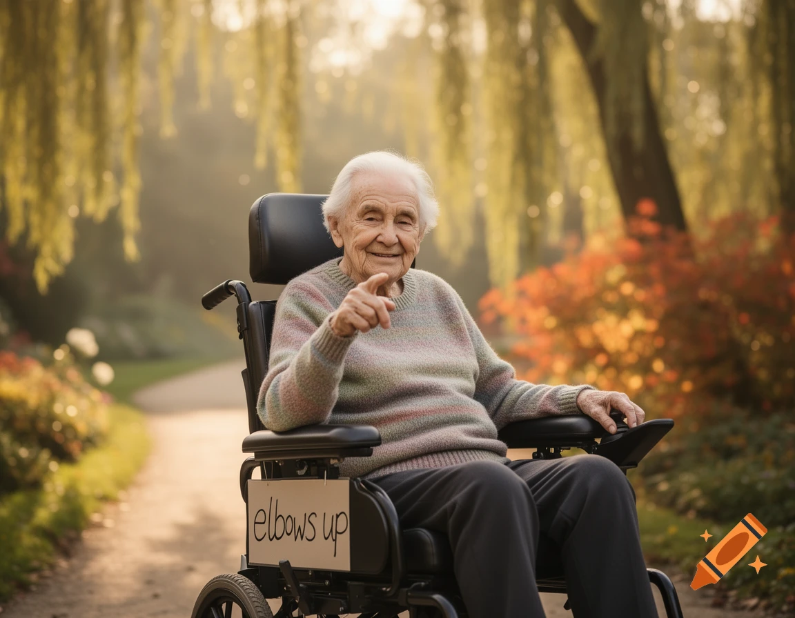 A smiling elderly man in a wheelchair points forward in a sunny park. A sign on the wheelchair reads 'elbows up'.