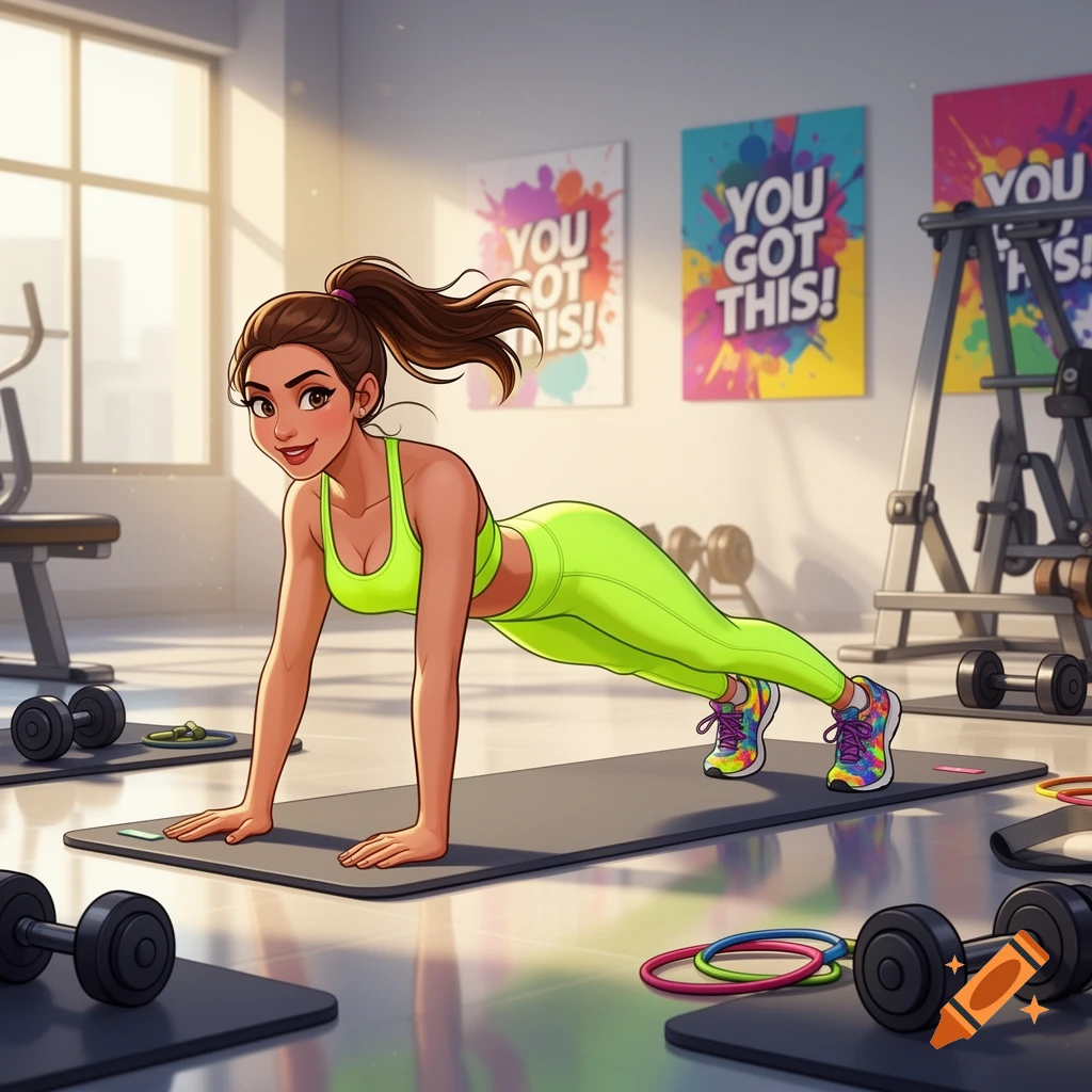 A smiling cartoon woman in bright green activewear doing a plank exercise on a mat in a sunny gym with motivational posters.