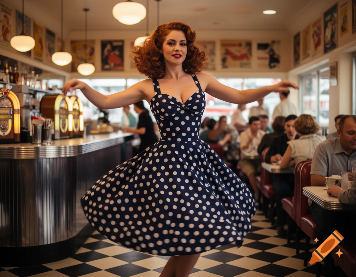A woman with red hair in a blue polka dot dress poses in a retro 1950s diner with checkered floors and jukeboxes.