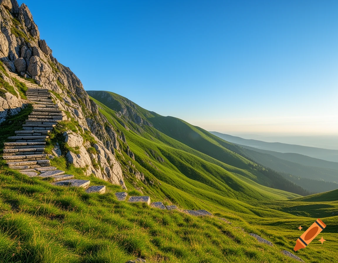 A stone staircase ascends a steep, rocky mountain covered in vibrant green grass under a clear blue sky, with rolling hills in the distance.