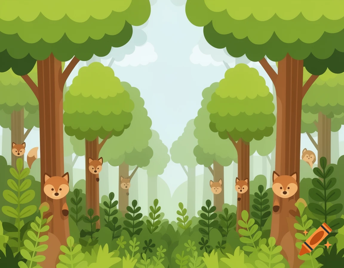 A stylized clipart forest with cartoon foxes peeking from behind trees and green foliage.