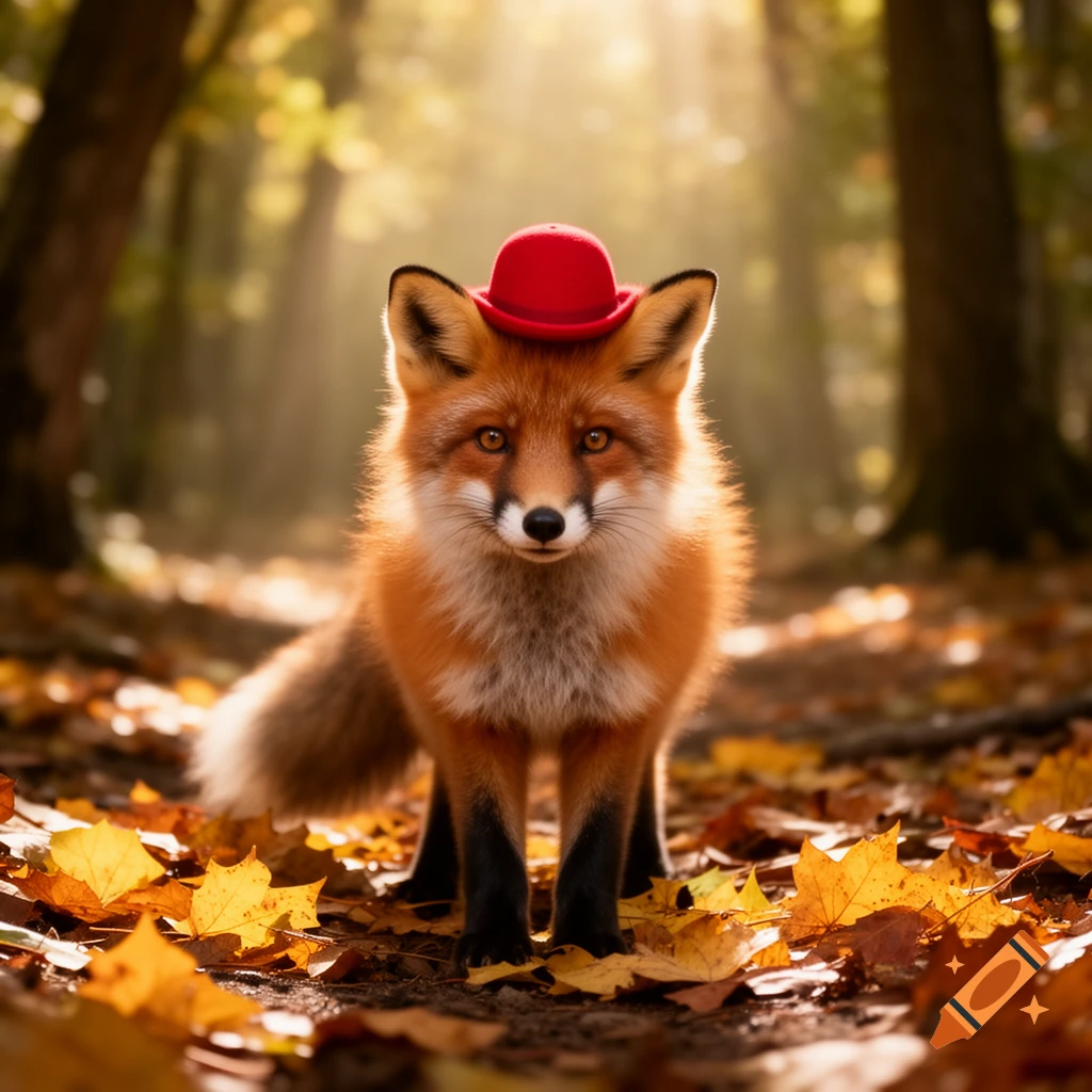 A cute red fox wearing a small red hat stands among fallen autumn leaves in a sunlit forest, looking at the camera.