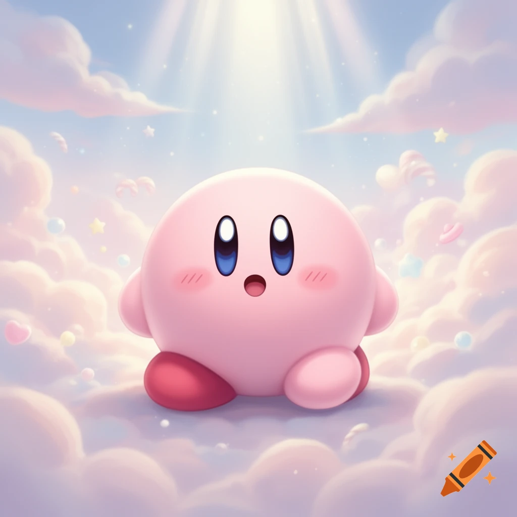 Baby Kirby stands on soft pink and blue clouds under bright sunbeams.