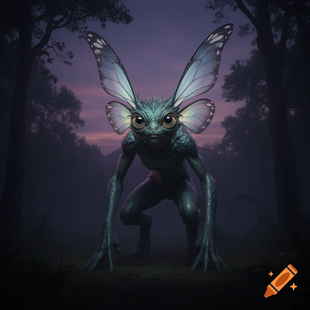 A small, green, alien-like creature with large butterfly wings and big eyes crouches in a dark, misty forest at dusk.