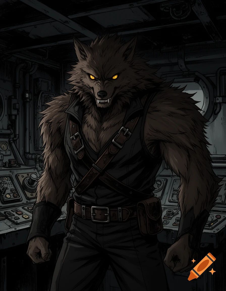 An imposing werewolf captain with dark brown fur, glowing yellow eyes, and sharp fangs, stands in a dimly lit ship bridge in an anime noir style.