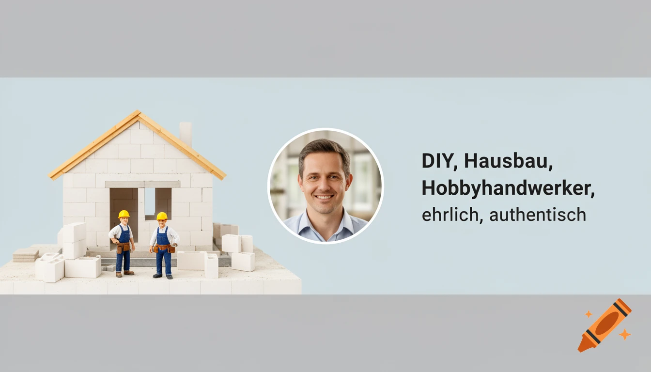 YouTube banner featuring a stylized house under construction, two builder figures, a man's portrait, and German text about DIY home building.