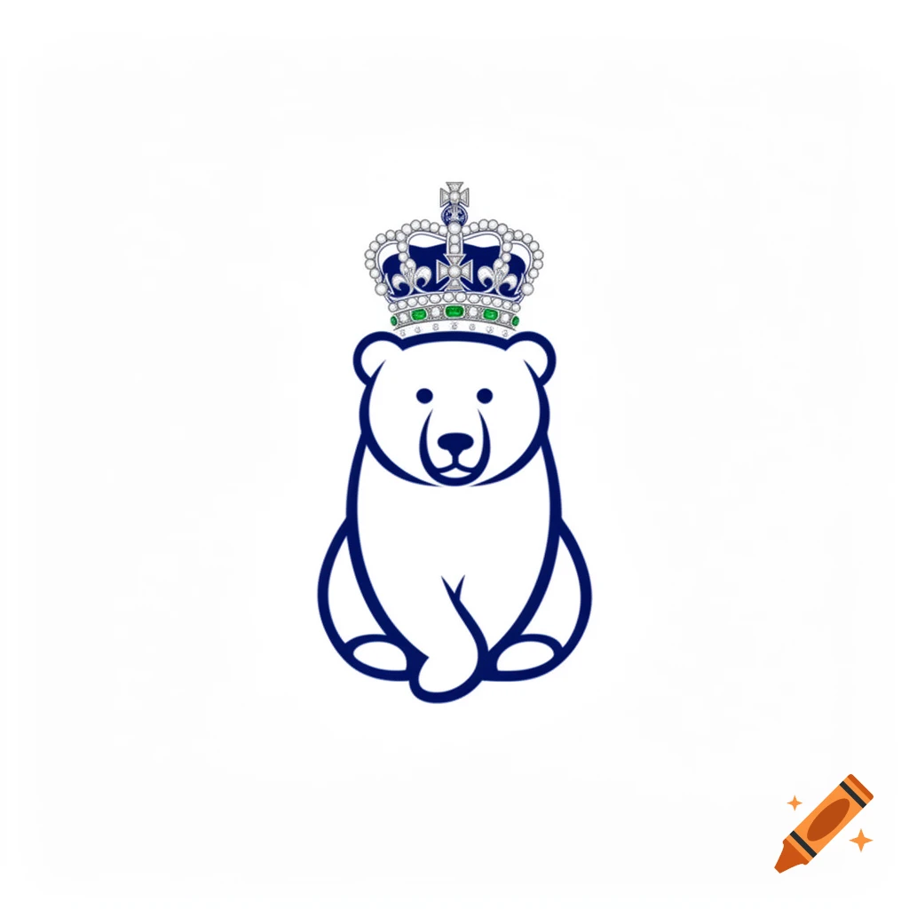 Minimalist logo of a white cartoon bear with a dark blue outline, wearing a detailed royal crown with blue and green gems, on a white background.