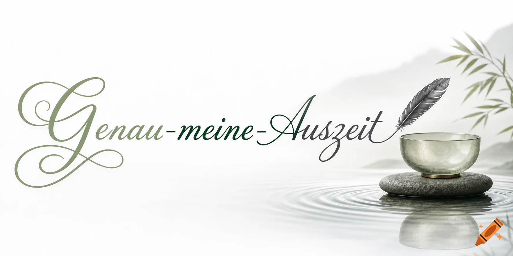 Elegant German text 'Genau-meine-Auszeit' written by a feather, with a singing bowl on a stone in serene water with bamboo.