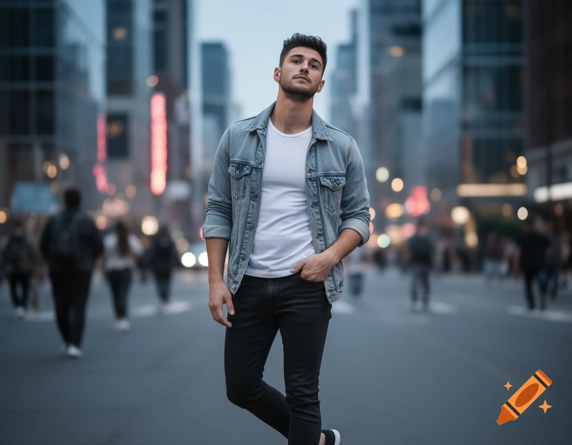 A stylish man in a denim jacket and black jeans stands on a blurred city street.