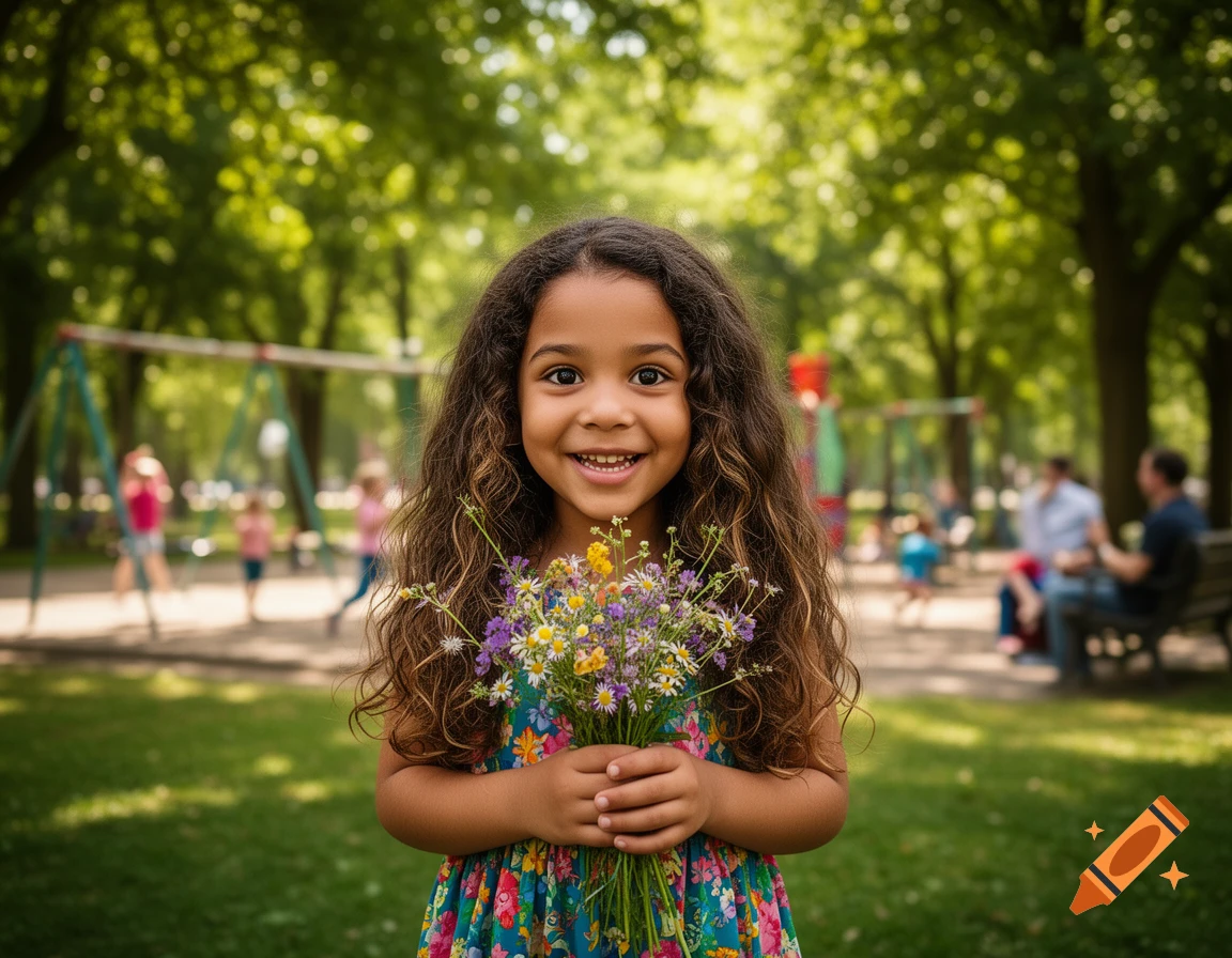 A smiling young girl with long curly hair holds a bouquet of wildflowers in a sunny park with trees and people in the background.