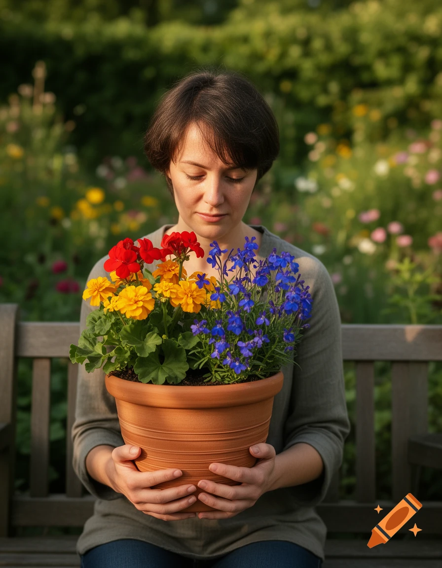 A woman sits on a bench, holding a terracotta pot with vibrant red, yellow, and blue flowers, looking down at them in a sunny garden.