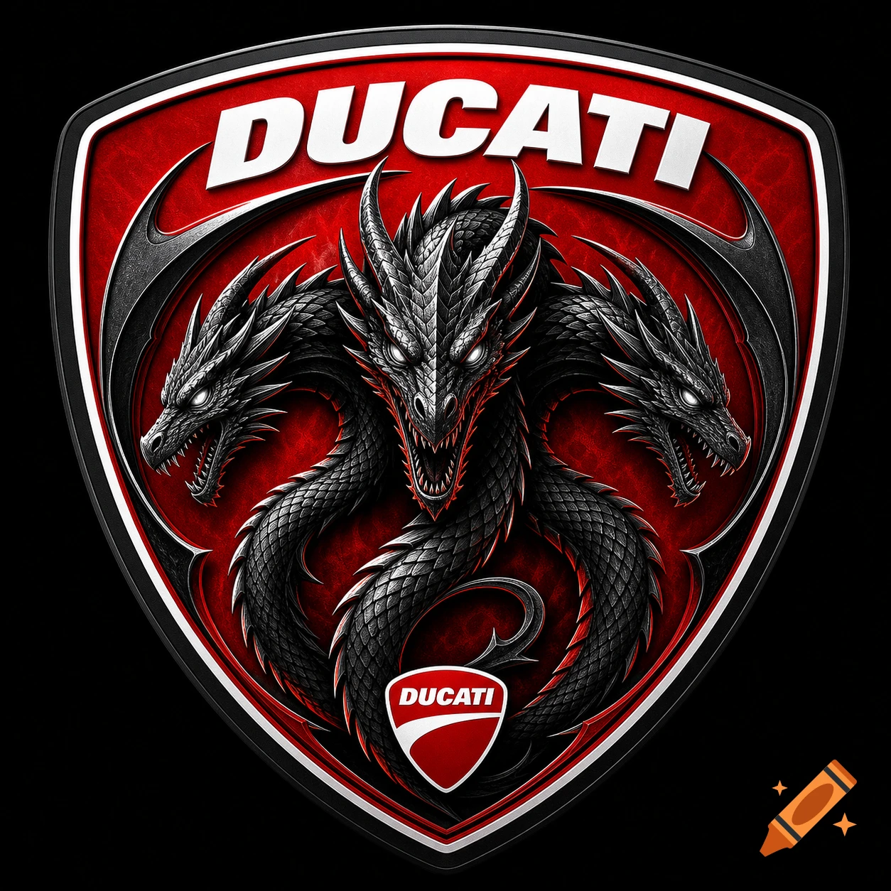 A red and black shield logo features a three-headed dragon. The word DUCATI is prominently displayed above the dragon.