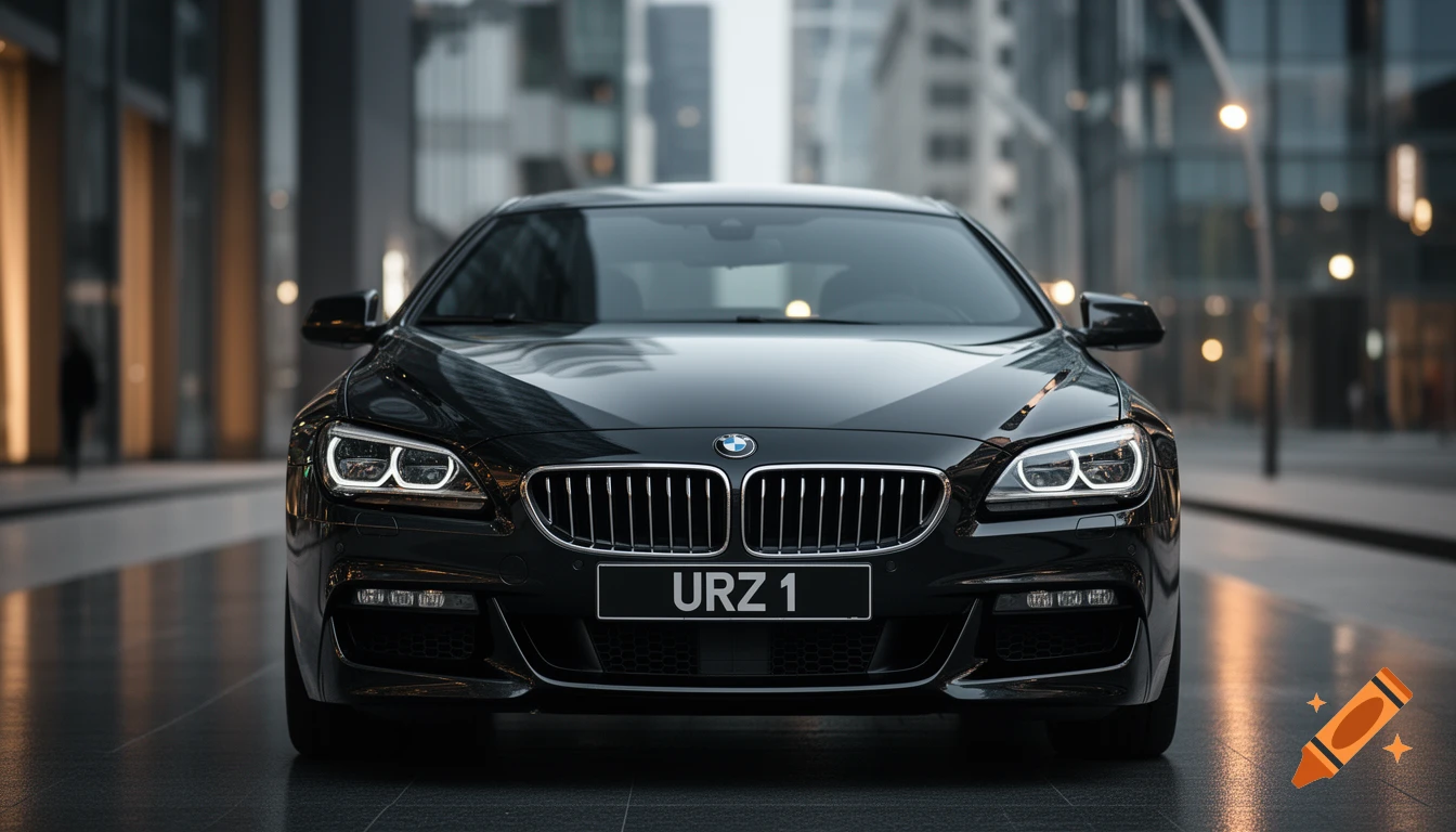 A front view of a black BMW 640 Gran Coupe with license plate URZ 1, parked on a wet city street at night.