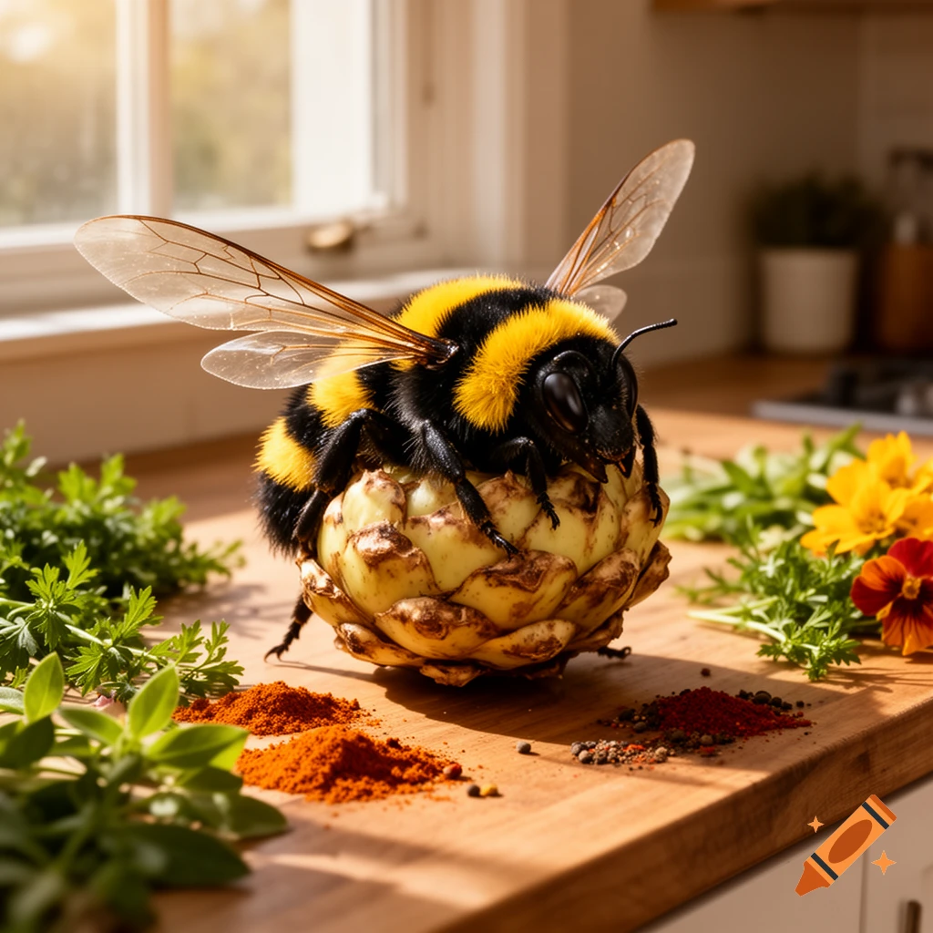 A fluffy bumblebee-like creature sits atop a green artichoke on a wooden kitchen counter, surrounded by herbs and spices in bright sunlight.