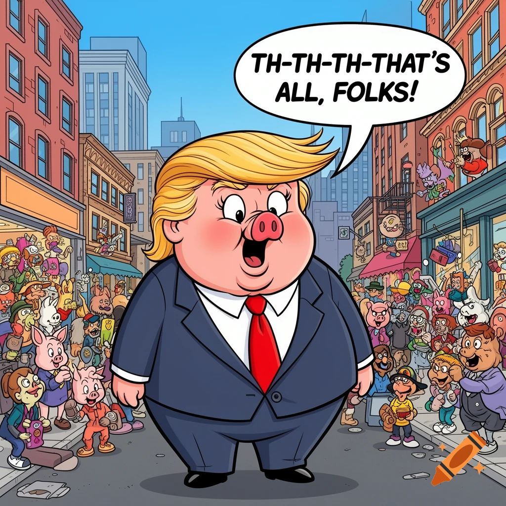 Cartoon caricature of Donald Trump as Porky Pig in a suit, saying "TH-TH-TH-THAT'S ALL, FOLKS!" on a busy street.
