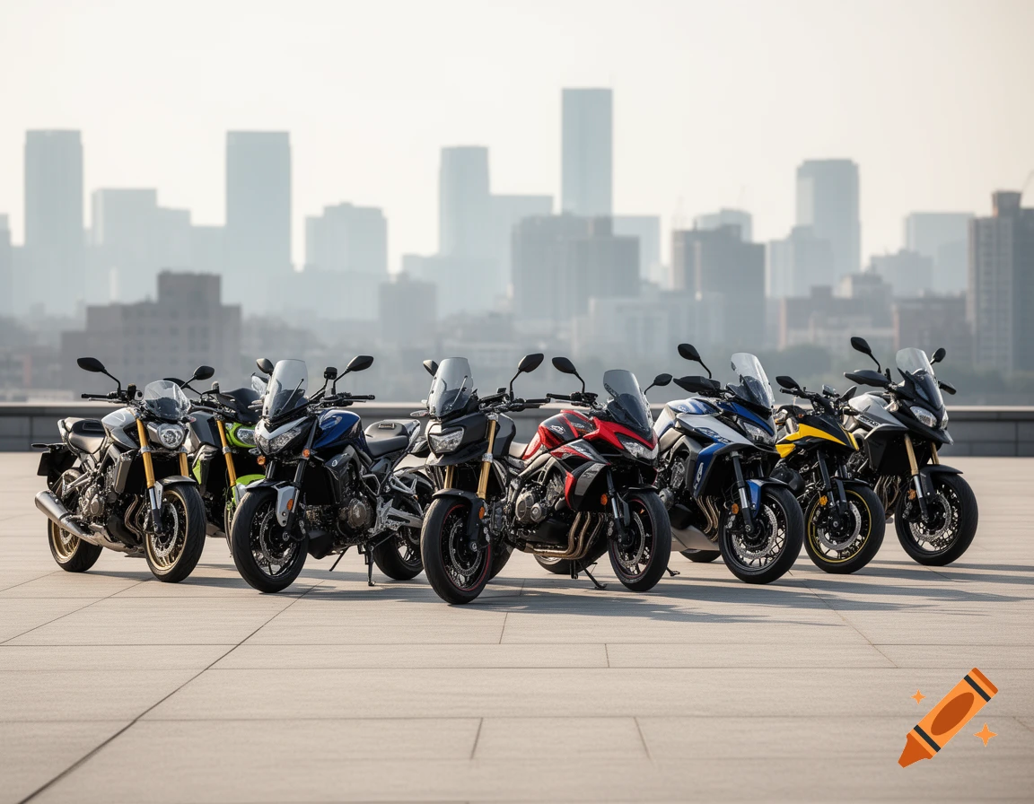 A line of various motorcycles, including red, blue, yellow, and black models, parked on a paved area with a city skyline in the background.