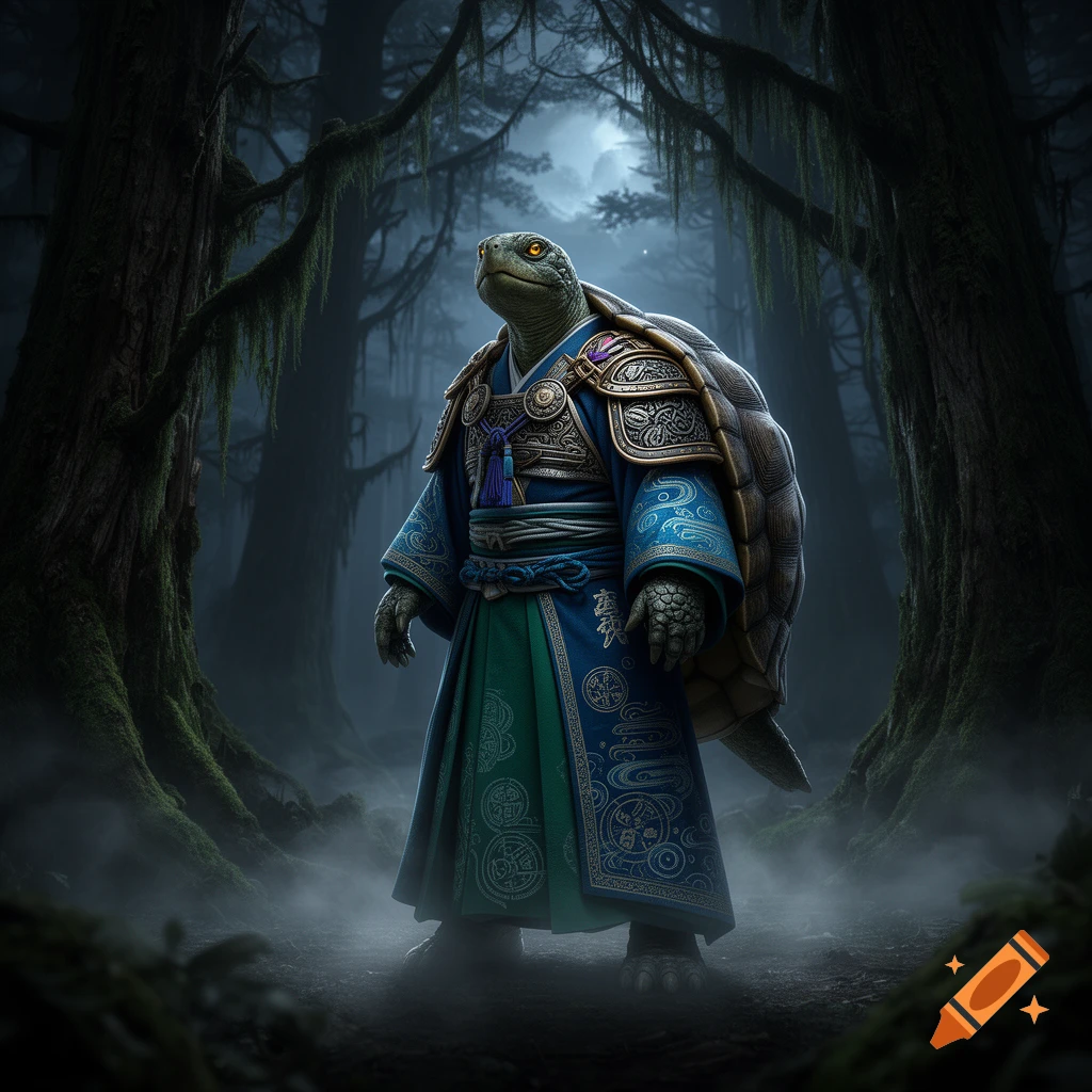 A majestic turtle-man in an ornate blue and green kimono and armor stands in a misty, dark, ancient forest with mossy trees.