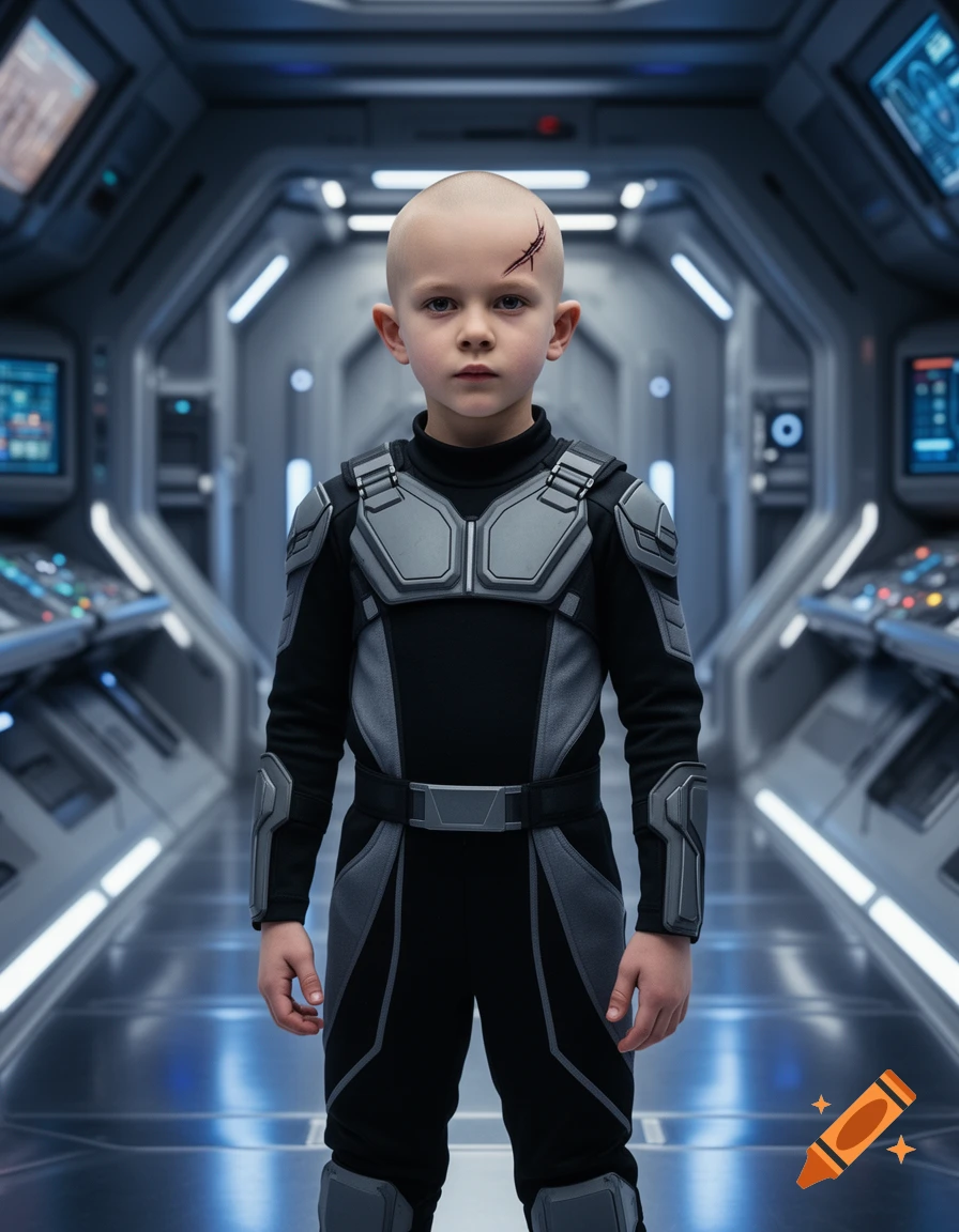 A young boy with a shaved head and scar, wearing a black and grey futuristic suit, stands in a spaceship corridor.