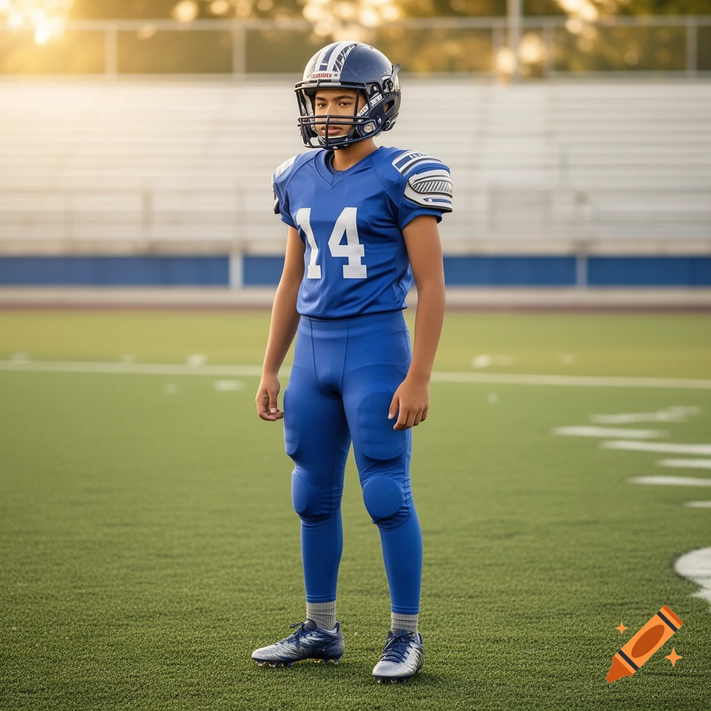 A young football player in a blue uniform with the number 14 stands on a green football field.