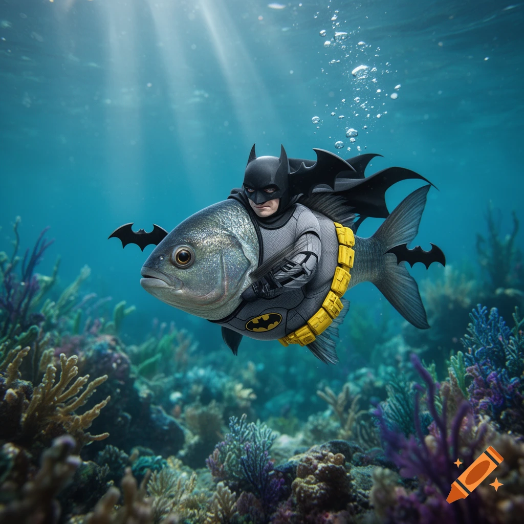 A photorealistic image of a fish with Batman's upper body, swimming through a vibrant coral reef underwater.