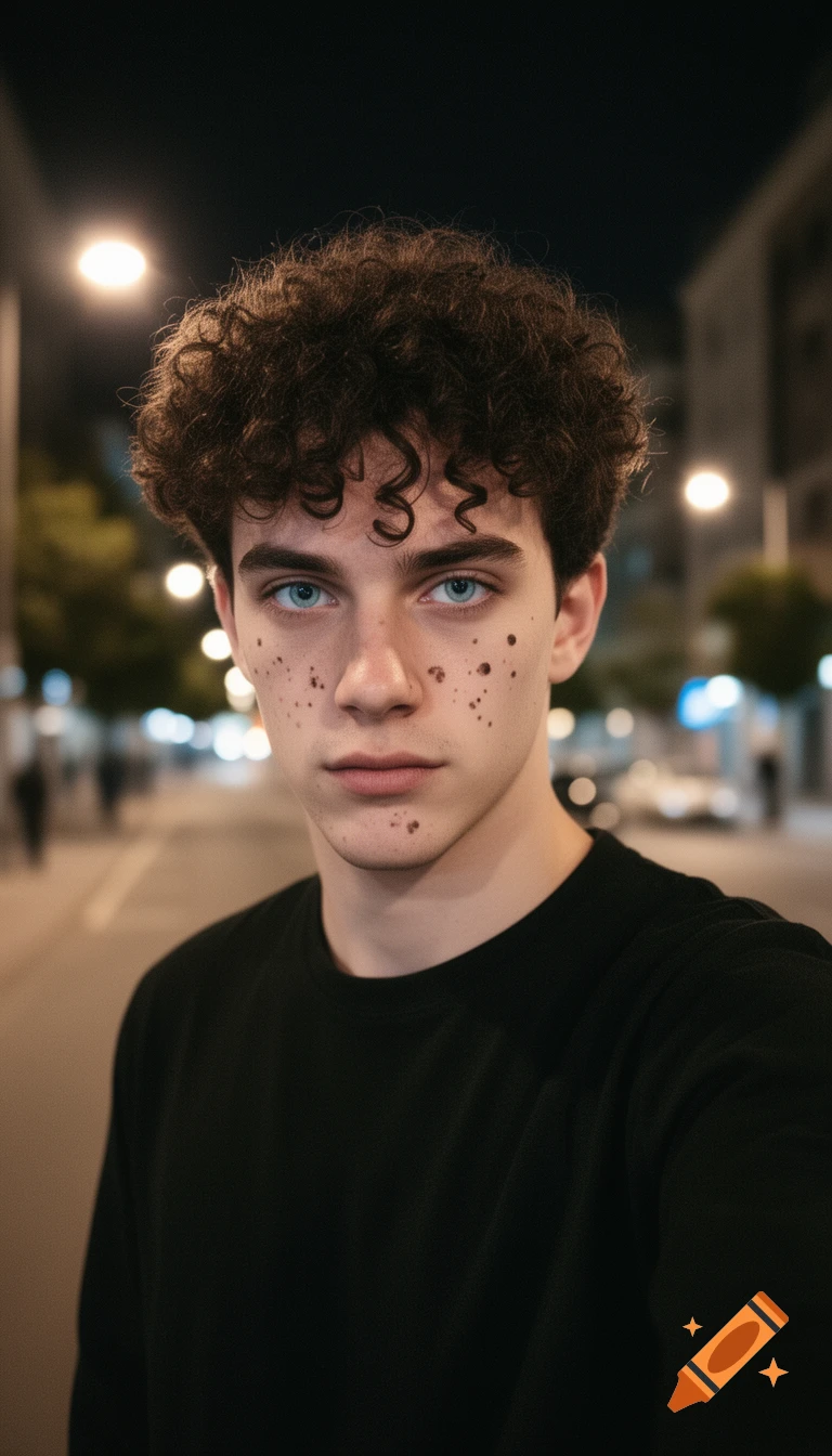 Photorealistic portrait of a young man with curly dark hair, striking blue eyes, and freckles, standing on a city street at night.