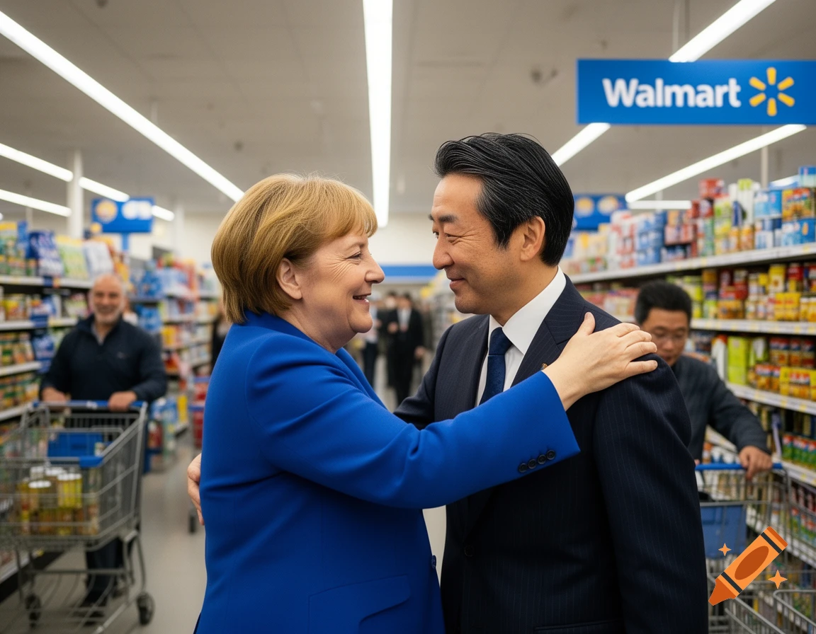 Angela Merkel embraces a man resembling Fumio Kishida inside a Walmart store, looking photorealistic.