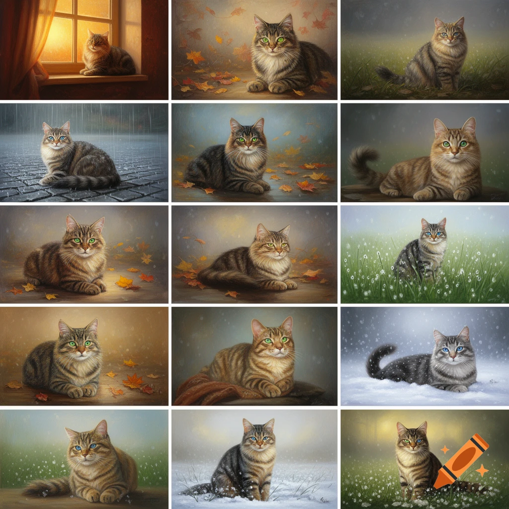A grid of twelve painted tabby cats in diverse settings like autumn, rain, snow, and grass.