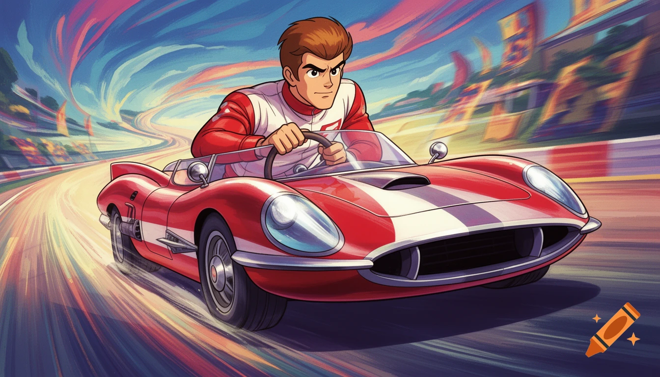 A Speed Racer-like character in a red and white suit drives a red vintage convertible race car on a winding track with motion blur in a dynamic Don Bluth animation style.