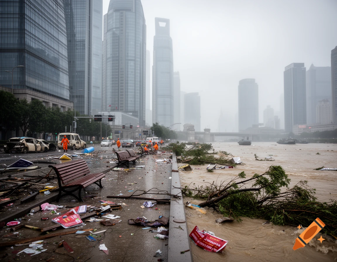 Flooded city street with debris, damaged cars, and fallen trees, tall buildings in background after a typhoon.
